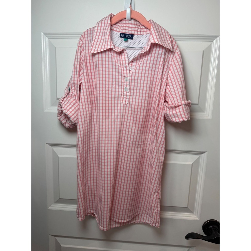 ProDOH Girls Pink Gingham Performance Fishing Dress Roll Tab Sleeve Size 7